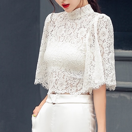 トップス レディース シャツ ブラウス 白トップス 袖あり 五分袖 5分袖 パフスリーブ