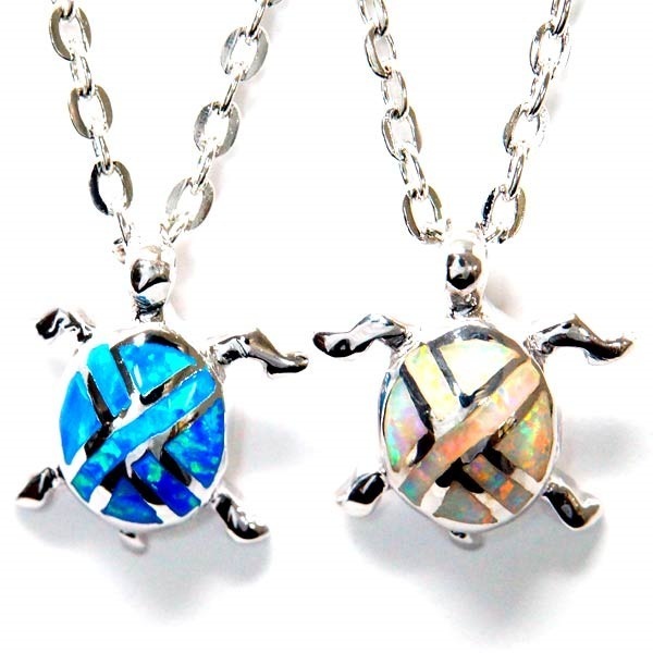 ハワイアンジュエリー ペンダント ネックレス ホヌ 海ガメ オパール 甲羅 ダブルクロス レディース シルバー925 ブルー/ホワイト