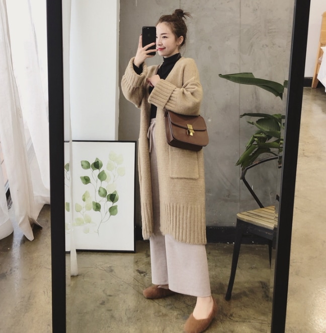 レディース ニット セーター カーディガン コート 部屋着 羽織 前開き コーディガン 膝下 長袖 襟なし ノーカラー Iライン リブ 厚手 カジュアル おしゃれ こなれ感 ラフ ベーシック