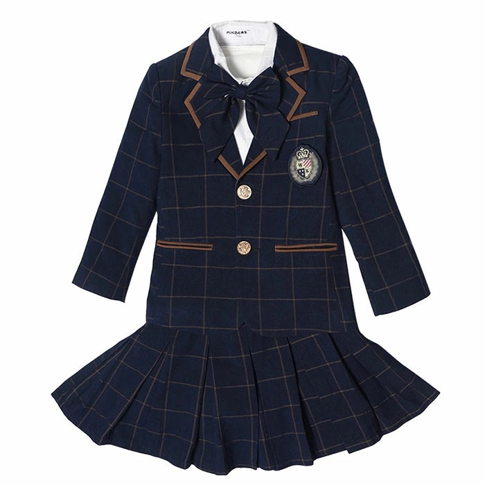 底値価格【女の子 スーツ】キッズ スーツ チェック柄 ネイビー 女の子 入学式 子供服 制服 受験 面接 キッズ フォーマル スーツ 5点セット ジャケット スカート シャツ 蝶タイ ワッペン 小学生