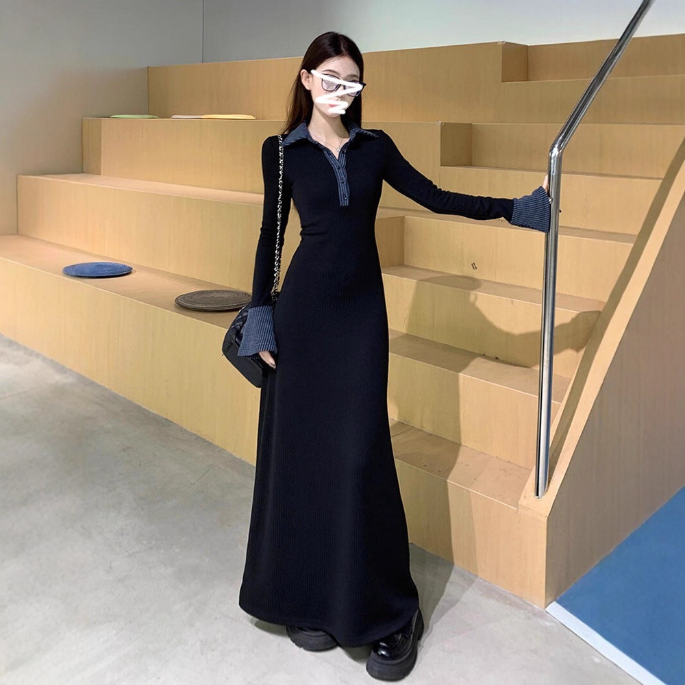 2025の女性のためのフレンチブラックポロニットドレススタイルのインナーボトムフィッシュテールロングスカート