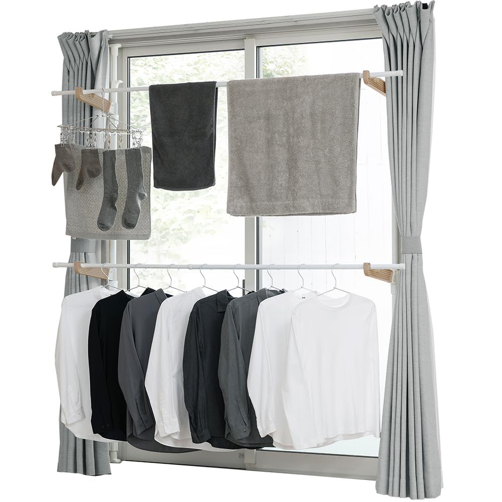 【Amazon.co.jp限定】アイリスオーヤマ 洗濯物干し 窓枠物干し 省スペース コンパクト 約4人用 高さ約190~260cm MW-260NRPA ホワイト/ベージュ