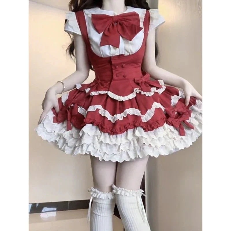 今人気発中のロリータかわいい少女リボンシャツストラップスカート2点セット学院祭用二次元服ロリスーツコスプレ