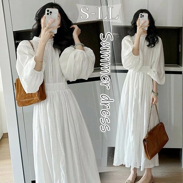 パフスリーブ ワンピース レディース 大人可愛い 夏ワンピ ホワイト ロング丈 白 長袖 おしゃれ かわいい リゾート 小柄 二次会 入学式 bi107zezet2