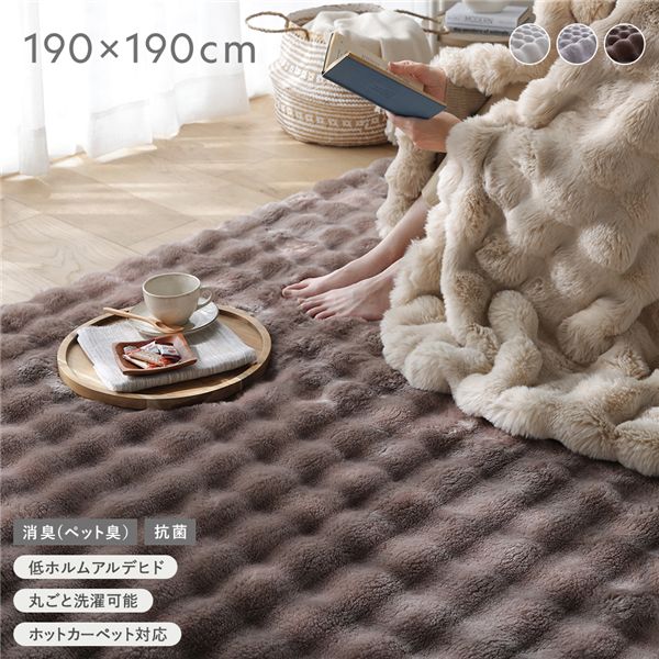 ふわもこ ラグ 約190x190cm モカ 洗える 抗菌 消臭 ペット臭 滑り止め加工 ホットカーペット 床暖房可 フロアマット 絨毯