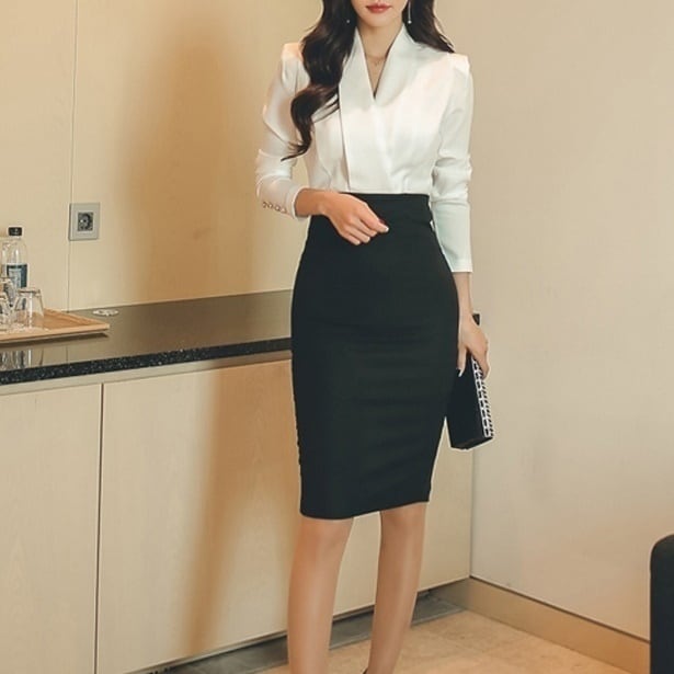 ワンピース フェイクツーピース ブラウス 切り替え Vネック シフォン ひざ丈 ミディアム丈 メタルボタン おしゃれ お洒落 激安 プチプラ シャツ 長袖 タイト スリム 膝丈 カシュクール 無地 l