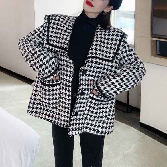 レディース ジャケット 上着 コート アウター ショート丈 ラペルネック チェック 格子柄 千鳥柄 インスタ映え 高見え 美スタイル 可愛い かわいい 韓国 かっこいい カジュアル 大人 上品 lou