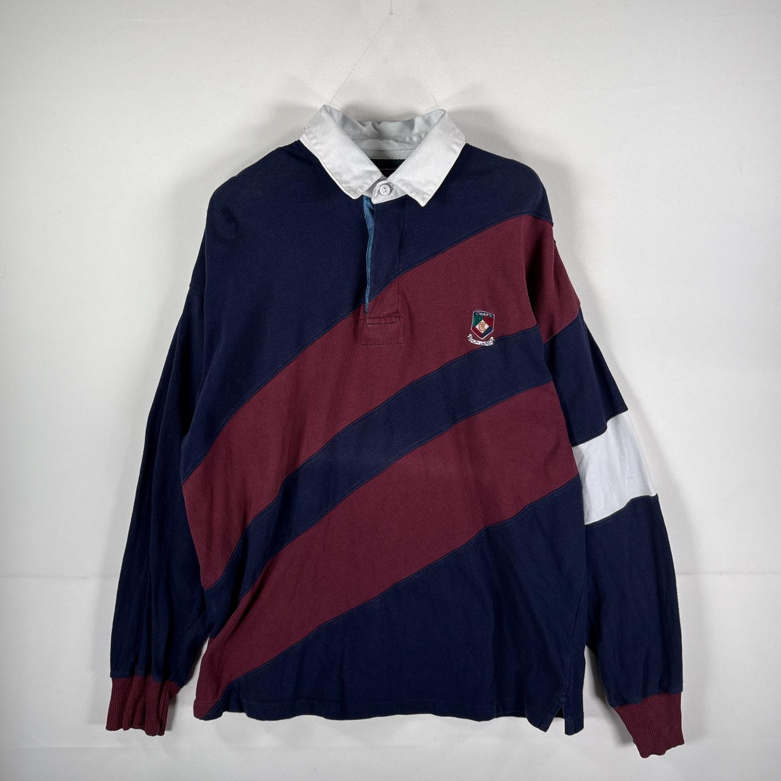 古着 80s～90s/80年代～90年代 チャップス CHAPS ラガーシャツ ラガーボタン 刺繍ロゴ L ネイビー マルチカラー メンズ