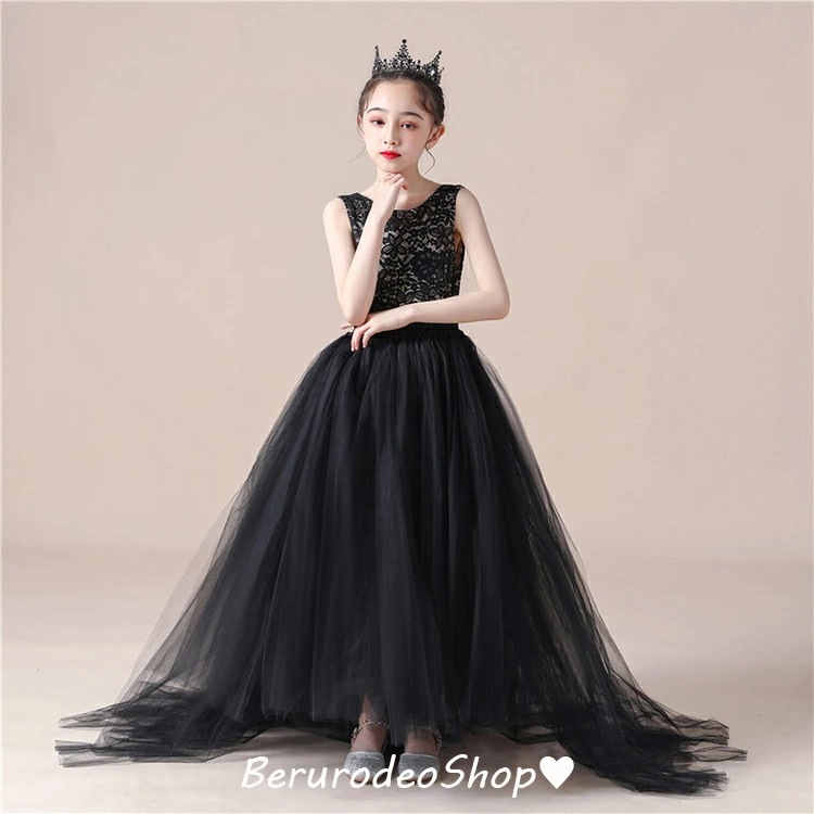 子供ドレス 黒 ピアノ発表会ドレス ロングドレス レース チュール キレイめ 女児ドレス ブラック トレーンドレス 演奏会ドレス 女の子 フォーマル キッズドレス 演出服 ステージドレス 背開き ノー