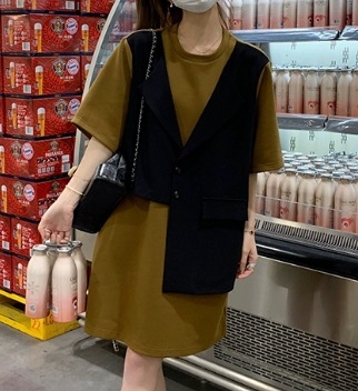 重ね着風 レディース ワンピース 膝丈 膝上 半袖 5分袖 ラウンドネック ワイド ストリート フェイクベスト かわいい 大人可愛い シンプル カジュアル おしゃれ ラフ ガーリー ルーズ キュート