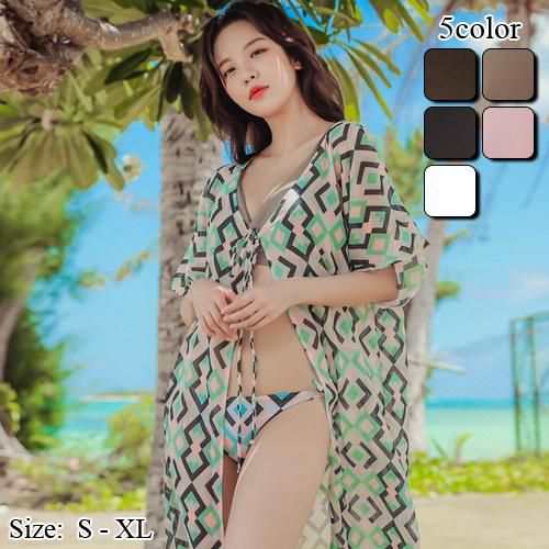 【グラシア】 水着 ビキニ レディース ビーチウェア スイムウェア 流行 海 プール ガウン 特徴的なビキニ バックストラップ ロング 可愛い カーディガン カーキ×サボテン グレー×エスニック ブラ 5,802円