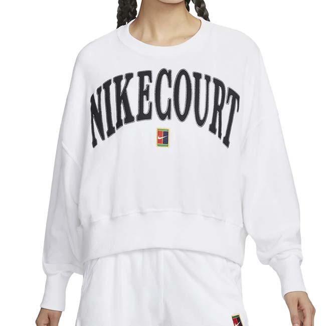 日本サイズ ナイキ(NIKE) 2024 FA レディース コート ヘリテージ オーバーサイズ グラフィック 長袖スウェット FQ2243-100ホワイト×ブラック