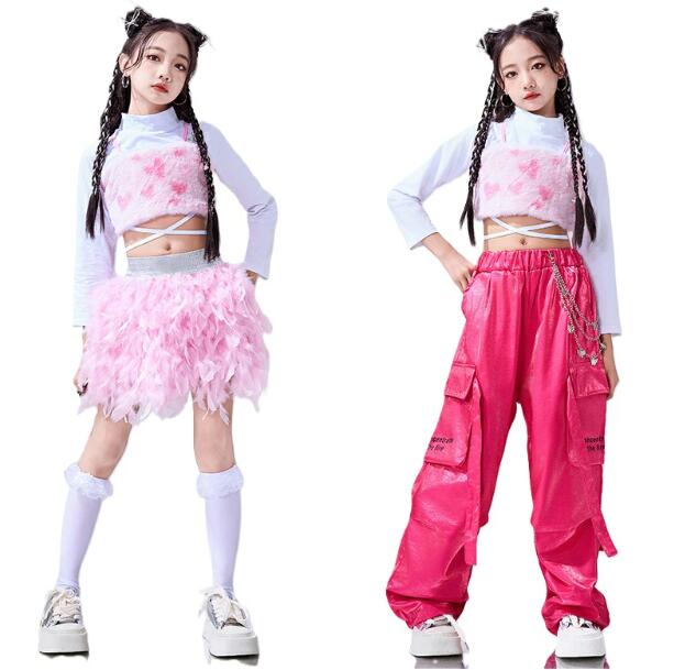 爆裂超特価 キッズ ダンス衣装 セットアップ ダンス衣装 ガールズ 衣装 派手 韓国風 ジャズ セットアップ へそ出し トップス スカート レザーパンツ 子供ダンス服 ダンスウェア ピンク 白 レッド