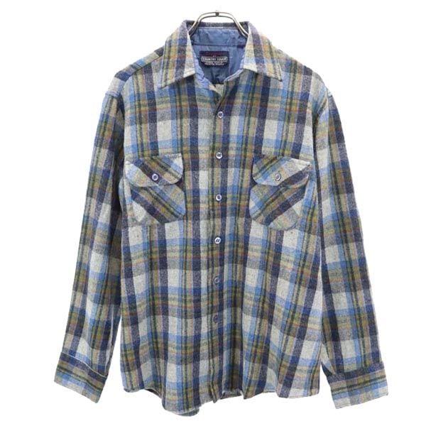 COUNTRY TOUCH 70s ヴィンテージ ウールブレンド チェック柄 長袖 シャツ L 青系 メンズ