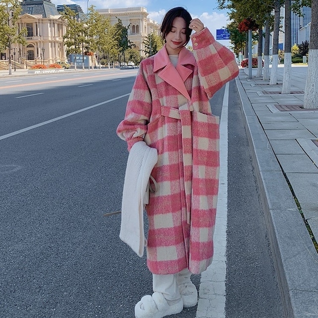 レディース ピンク チェック コート アウター あったか ロング バイカラー ウエストリボン Vネック