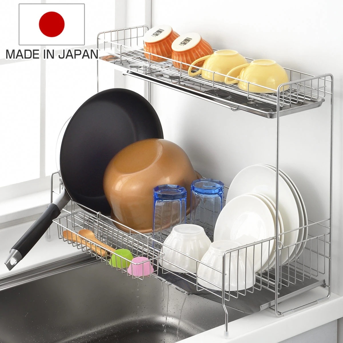 水切りラック シンクサイド 幅の広がる2段水切り 幅15cmx奥行57cm 日本製 ステンレス カトラリーポケット付き シンク上 スリム 2段 伸縮 水切りかご 水切り 大容量 水切りカゴ