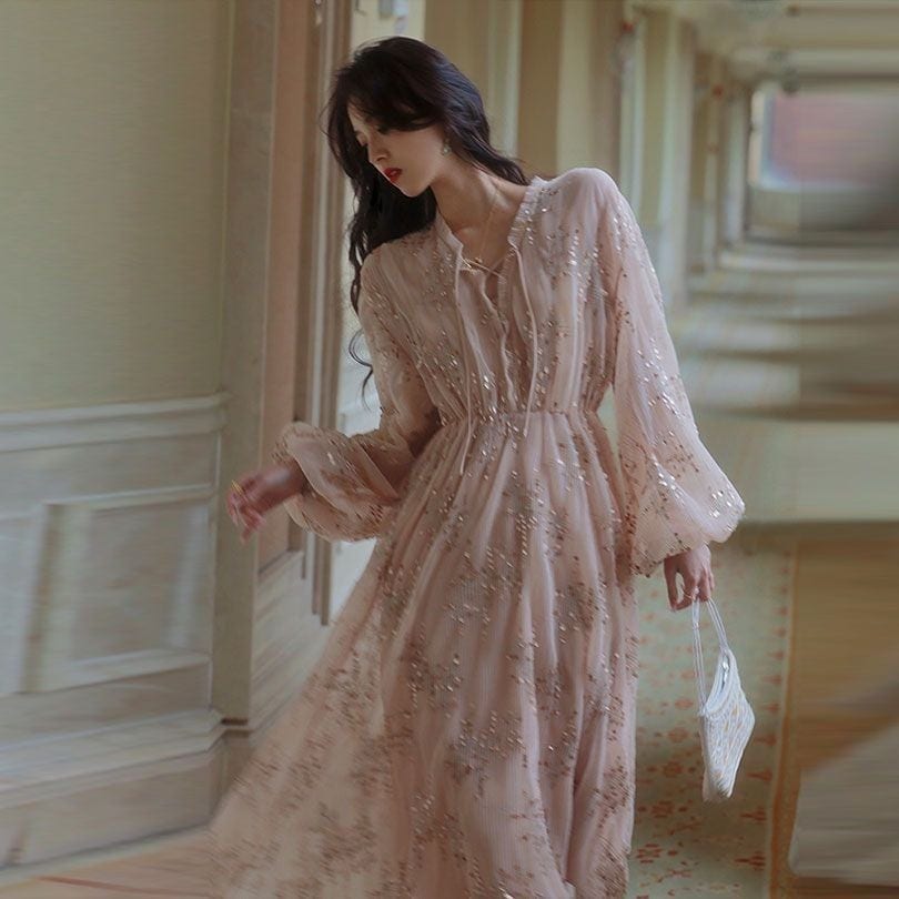 春パフスリーブしわ寄せスパンコールワンピースピンクblingロングスカート気品プリンセススカートレトロスカート