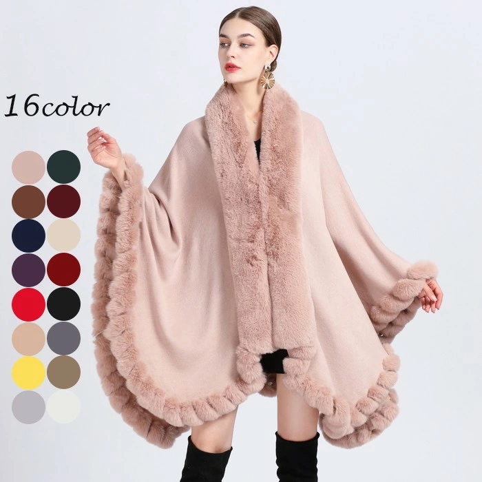 16カラー ケープコートファー付き ポンチョコート ファーコート 肩掛け レディース ケープ 羽織 アウター マント フェイクファー カシミヤタッチ 着物 上品カジュアル きれいめ 50代 40代 3