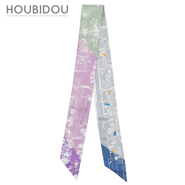 エルメス スカーフ ツイリー シルク モーヴ×グリーン×ホワイト 新品 未使用 【ブールヴァールの陰から】 H062910S 【箱】【中古】
