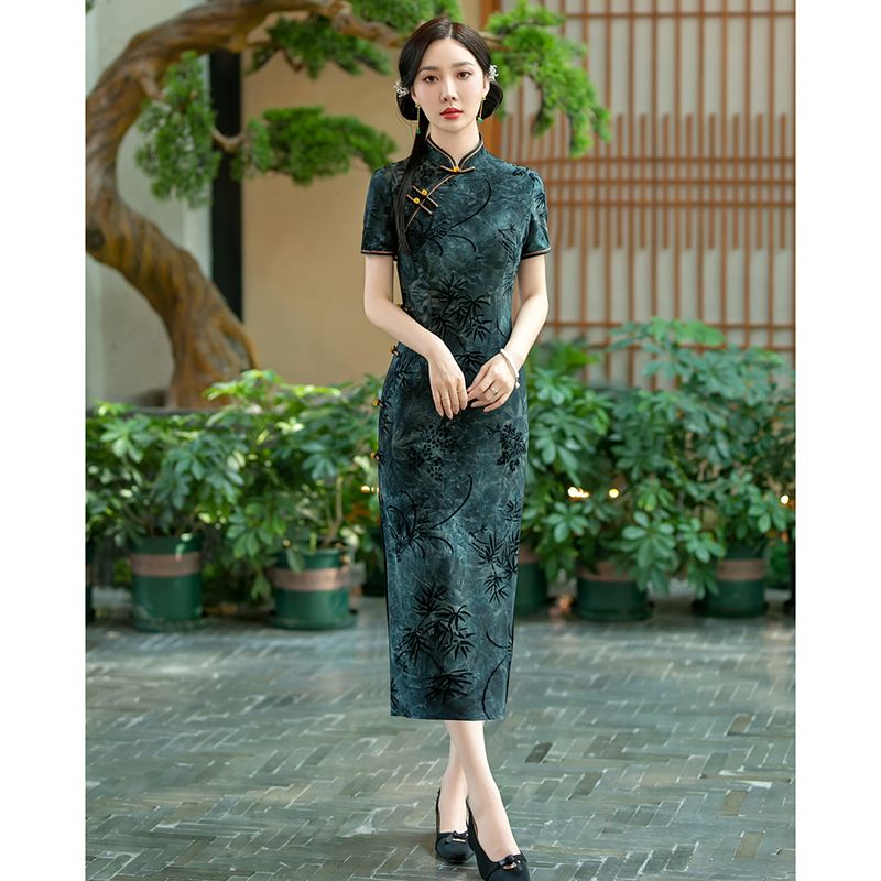 ダークグリーンチャイナドレスカラー2024夏太mmスリム大きいサイズスリムウエストロングスタイルデイリー