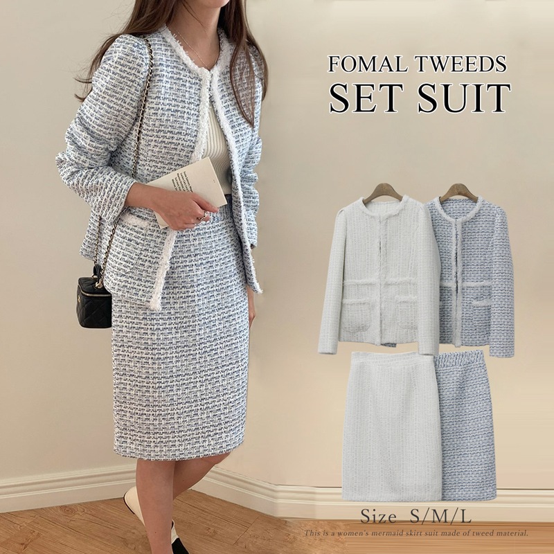 ツイードセットアップスーツ フォーマルスーツ スカートスーツ レディース 上下セット ラメツイード 入学式/卒業式/入園式/卒園式/母/上品 S/M/L /韓国製