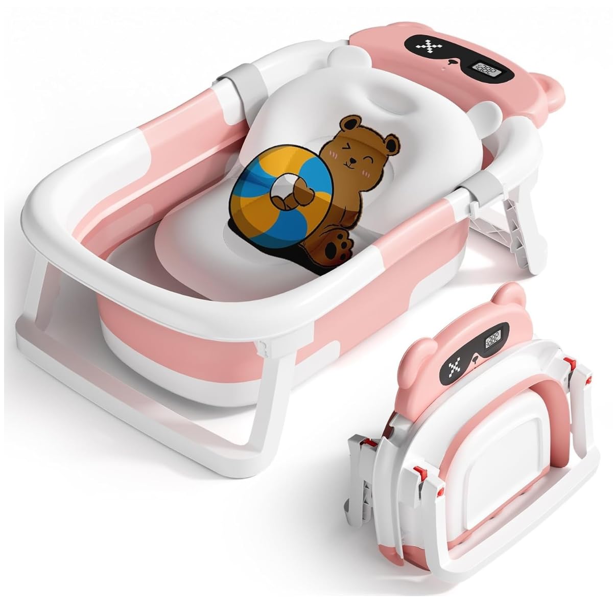 SHAKE BEAR ベビーバス 折りたたみ式 ベビー用浴槽 湯温計 バスクッション付き 赤ちゃん 新生児 沐浴 ベビー お風呂 0~6歳 バスタブ コンパクト 水抜栓付 赤ちゃん用 出産祝い ギフ