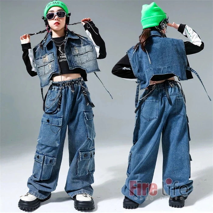 ダンスウェアセール キッズダンス衣装 子供服 デニムベスト デニムパンツ へそ出し 長袖Tシャツ HIPHOP 女の子 ヒップホップ ジャズ 派手 ステージ衣装 練習着 演出服 舞台 110～170c