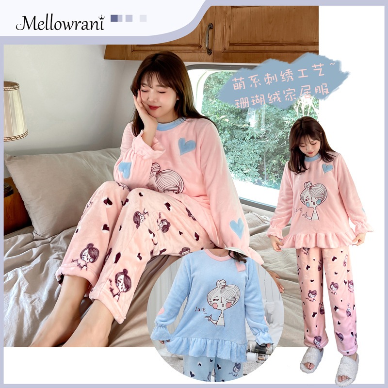 5L 4L マタニティ パジャマ 大きいサイズ レディース ルームウェア セットアップ 韓国 秋冬 部屋着 寝間着 春夏秋冬 かわいい欧米の漫画のコーラル保温ビッグパジャマセット甘い大コードファッショ