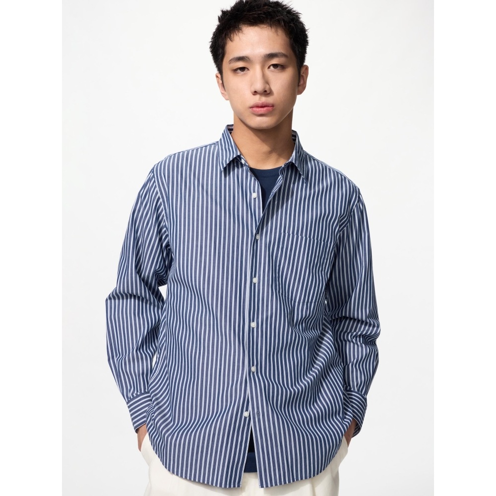 UNIQLO ブロードクロスシャツ (ボタンダウン襟) ストライプ E