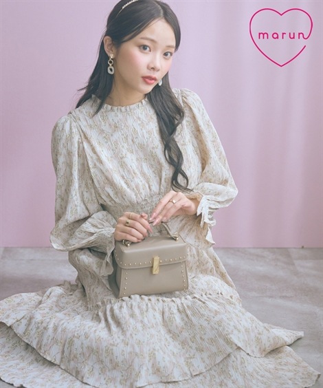 ロング・マキシ丈/半袖 大きいサイズ 楊柳フラワープリントプリーツ重ねワンピース marun
