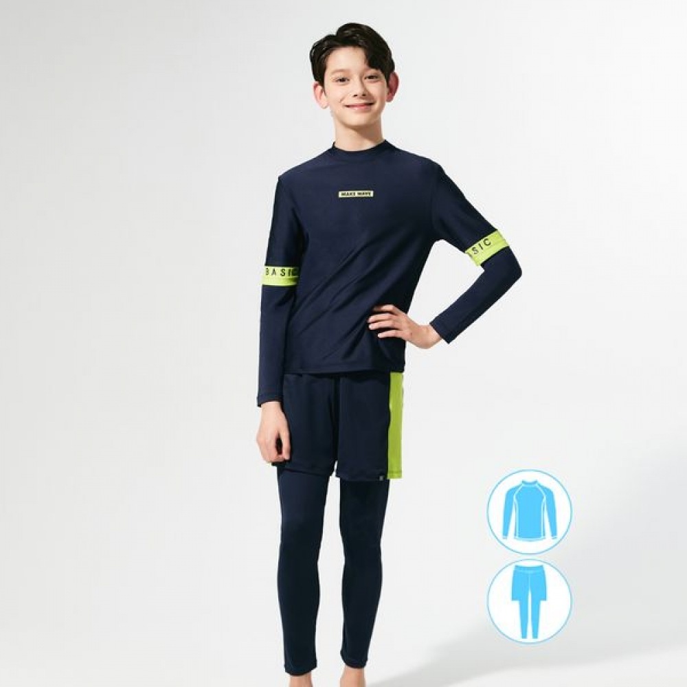 [ベーシックエル] ベーシックエルボーイズネイビーラッシュガードウォーターレギンスビーチショーツセット BEB-Y701N