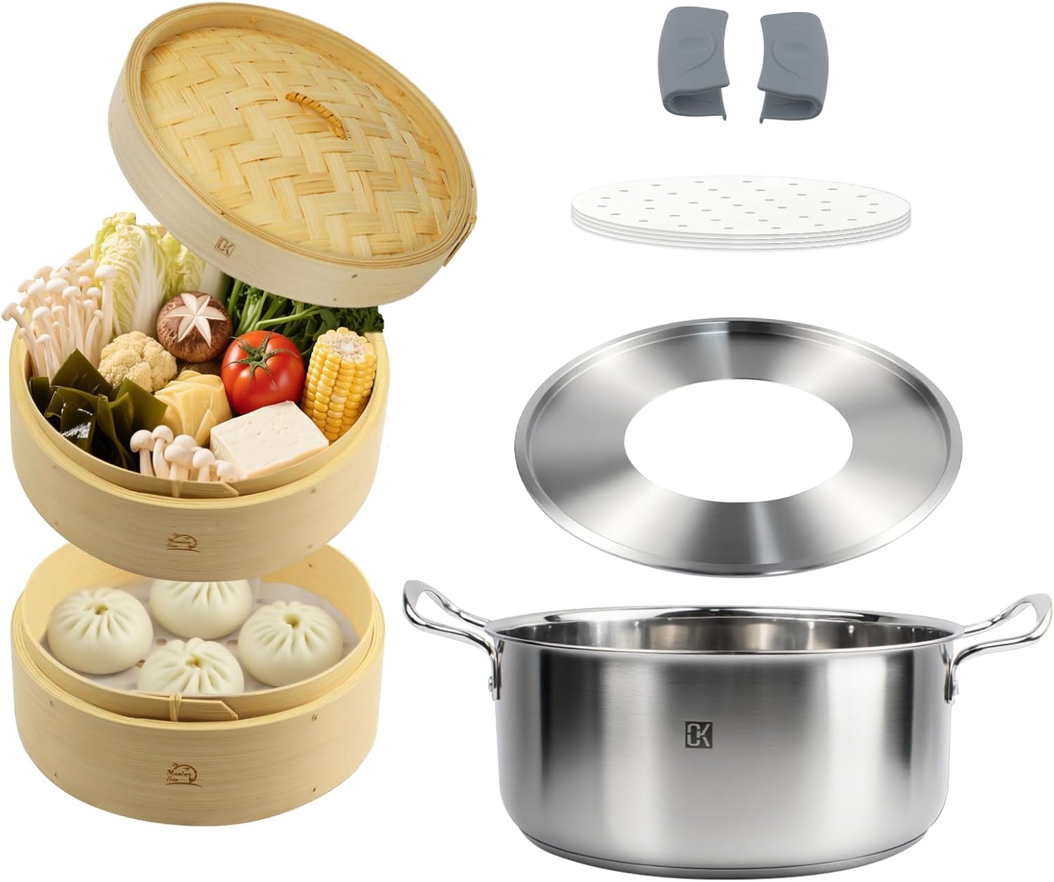 手漉きせいろ紙 50枚入り 本体2個・蓋1個付き 業務用IH対応蒸し器鍋付き 淡色せいろ（直径約21cm）