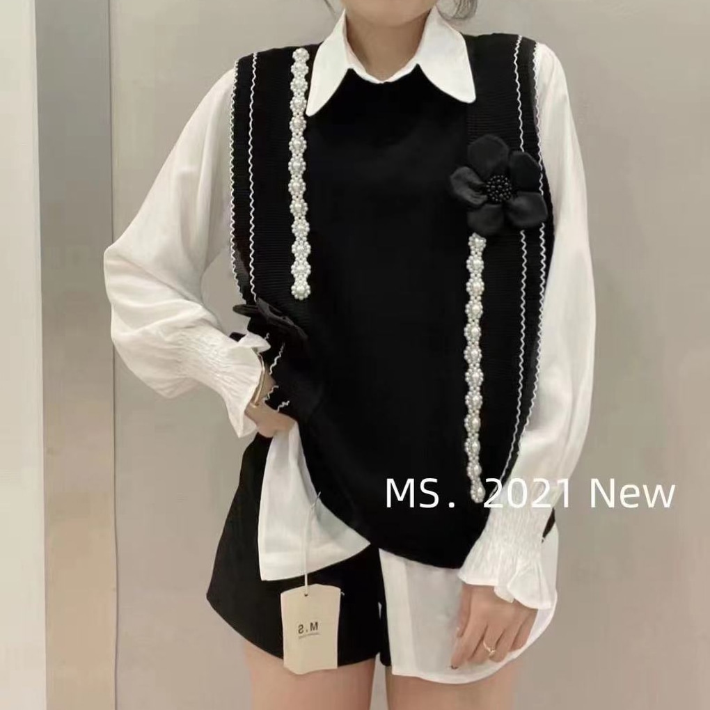 【２点セット】立体花ビーズニットベスト＋シャツ ニットベスト 長袖 シャツ ブラウス ニット ベスト 2点セット プルオーバー 秋冬 トップス レディース ルーズ 韓国 オルチャン ニット