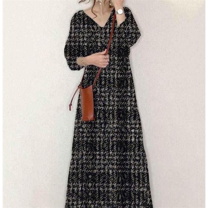 大人可愛い ワンピース レディース 秋冬 長袖 ロングワンピース vネック ワンピース チェック柄 マキシ丈 通勤着 可愛い ゆったり 体型カバー ゆったり フリーサイズ