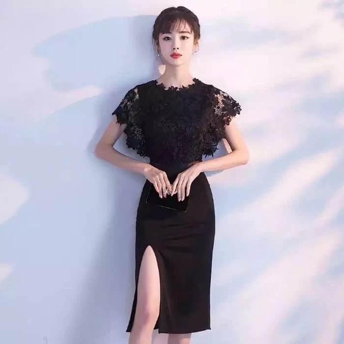 レースタイトスリットミディアムワンピースフレアスリーブツーピース風ブラックシックエレガントクラシカル華やか上品セクシーケープ膝丈オフィスフォーマルパーティーキャバドレスラウンジクラブオケージョンデート