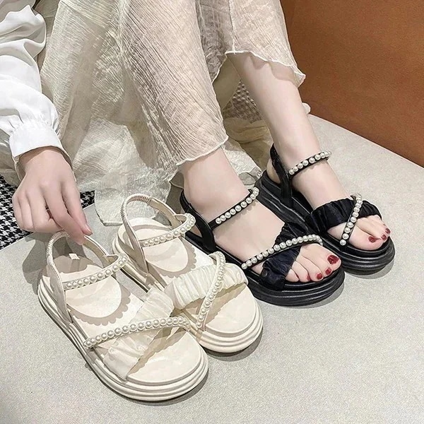 パールプラットサンダルパールサンダルビーチサンダルレディース厚底サンダル4cmヒール歩きやすいフラットサンダルローヒール痛くないPUおしゃれかわいい疲れないオーペントゥ厚底ウェッジサンダルリラックスウ