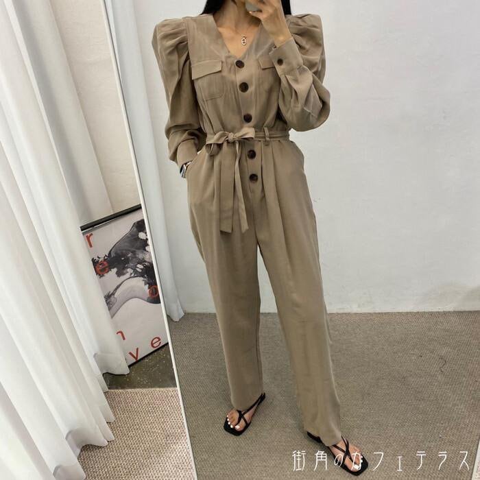 ジャンプスーツ オールインワン レディース ワイドパンツ ワイドレッグ デニム ジーンズ フルレングス パンツコーデ パンツスタイル Vネック ギャザー ボリューム袖 ハイウエスト 6,582円