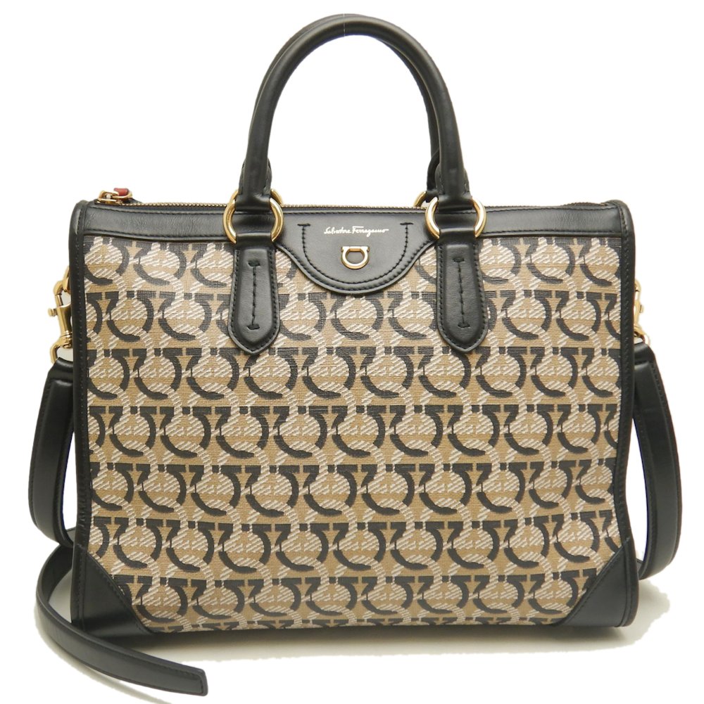 FZ-21.1074 ハンドバッグ ガンチーニ 2WAY PVCxレザー ベージュ ブラック/252984【中古】