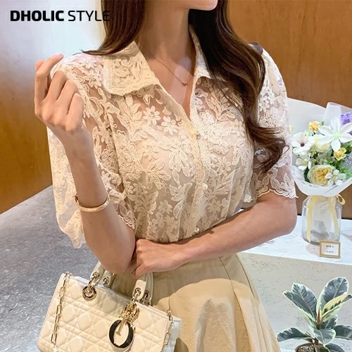 [メガ割りSALE]カラーネックシースルーレース半袖ブラウス・p527830