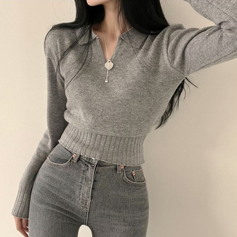 トップス デート モテアイテム ニットソー 長袖 Vネック リブ 襟つき ジッパー 大人可愛い きれいめ 上品 おしゃれ かっこいい 大人可愛い ラブリー キュート ガーリー クール モード系