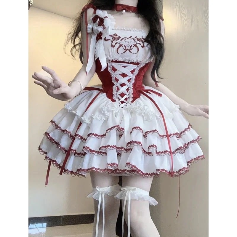 ロリータ コスプレドレス キャミソールワンピース 復古 茶会 フリル 腰をすぼめる ポンポンスカート 韓国 つぎて かわいい 花嫁 レース