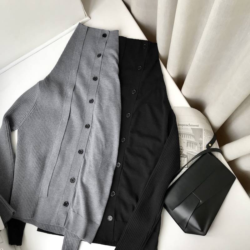 カーディガン トップス セーター ハイネック リブニット タートルネック プルオーバー アシンメトリー フロントボタン モード スタイル 体形カバー 大人女子 可愛い かっこいい モダン シンプル 上