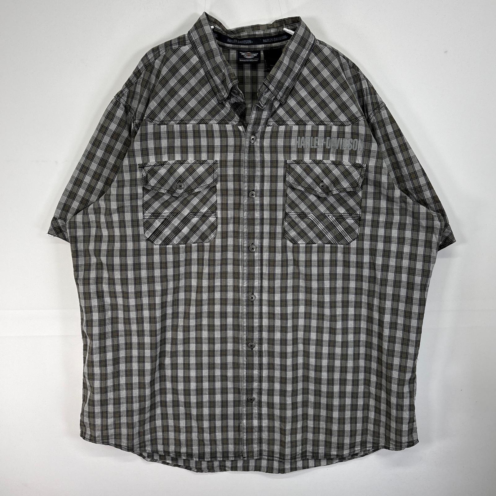 古着 半袖シャツ 企業 モーターサイクル 胸ポケ 大きいサイズ 2XL グレー系 チェック メンズ
