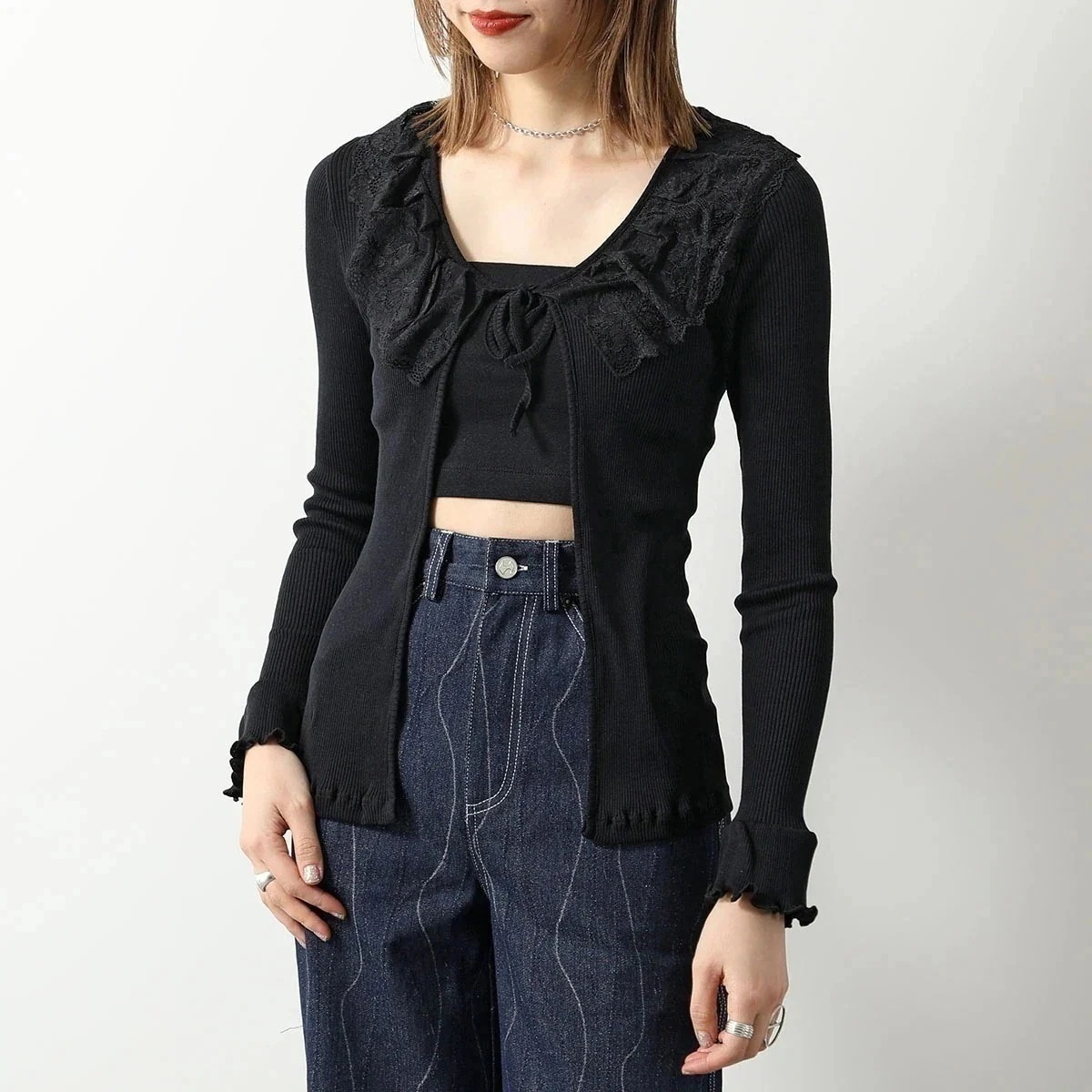 OperaSPORT オペラスポーツ カーディガン RAMONA TOP J31ED15B レディース シルク レース フリル 襟付き 長袖 リブ ニット BL 【mega】