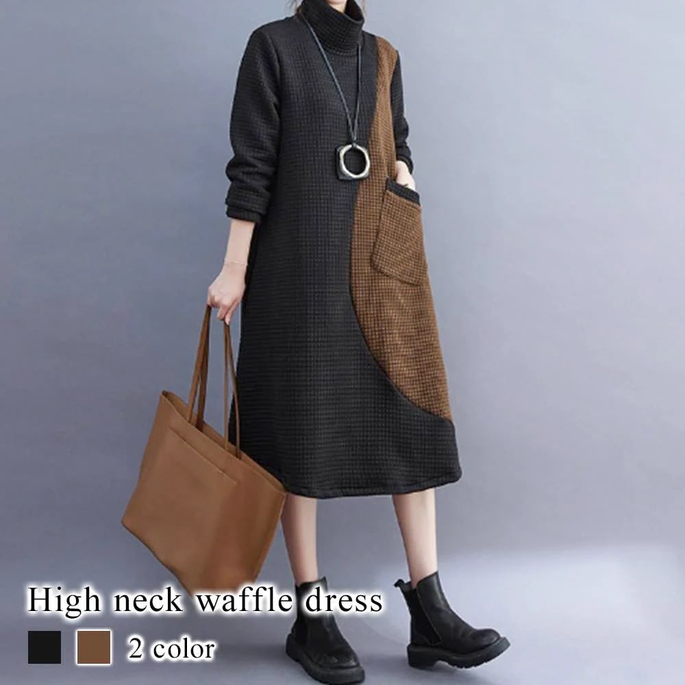 ワンピース レディース ハイネックワッフルワンピース Aライン ネック 大人 韓国 秋 安い 大きいサイズ きれいめ 20代 スカート ロング 黒 白 40代 アウトドア 厚手 かわいい しっかり ニ