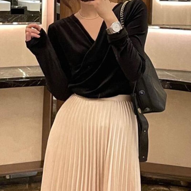 レディース トップス Vネック ベルベッド カットソー ブラック 長袖 クラシック 大人 大人女子