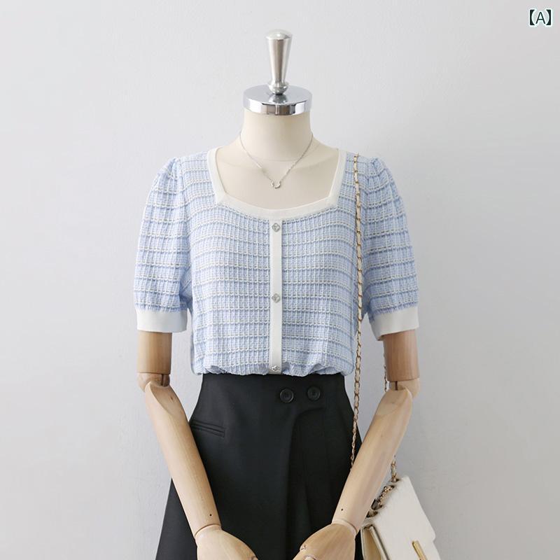 レディース シャツ ブラウス 半袖 五分袖 夏 薄青白チェック柄 スクエアネック おしゃれボタン装飾 モダン エレガントデザイン カジュアルシック 軽量 通気性 上品 爽やか 5,603円