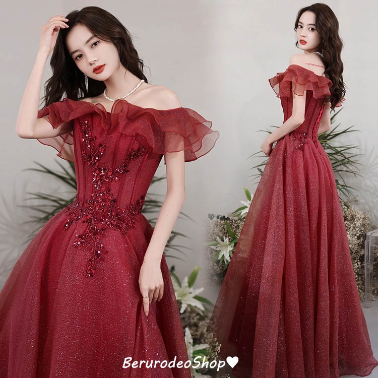 結婚式ドレス 二次会ドレス ワイン赤 ロングドレス イブニングドレス オフショルダー フレア フリル ゲストドレス ワインレッド パーティードレス 発表会ドレス コンサート