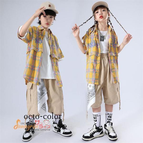 キッズダンス衣装 チアガール チェック柄シャツ ガールズ 子供服 派手 ヒップホップ カーキ 白短パン 応援着 ストリート系 団体服 ジャズ 韓国 ステージ衣装
