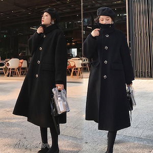 【メガ割 】ラシャコート チェスターコート レデイース 40代 オシャレ 韓国風 きれいめ ロング丈コート 長袖 膝下 無地 aラインコート黒チェスターコート 新作